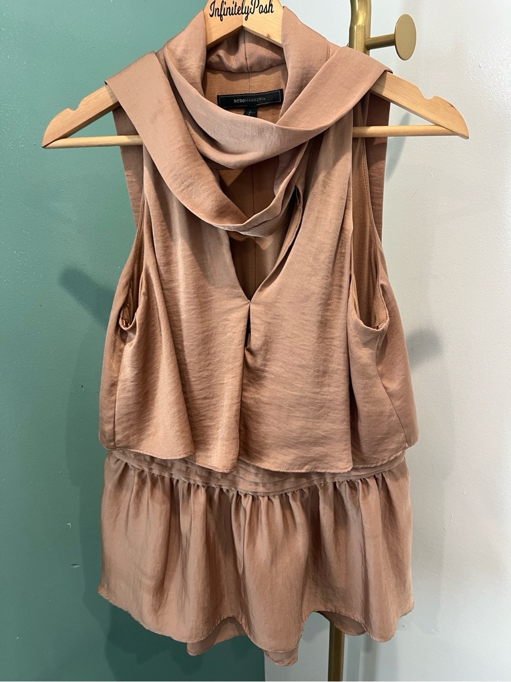 BCBGMAXAZRIA Draped Scarf Peplum Top Size M